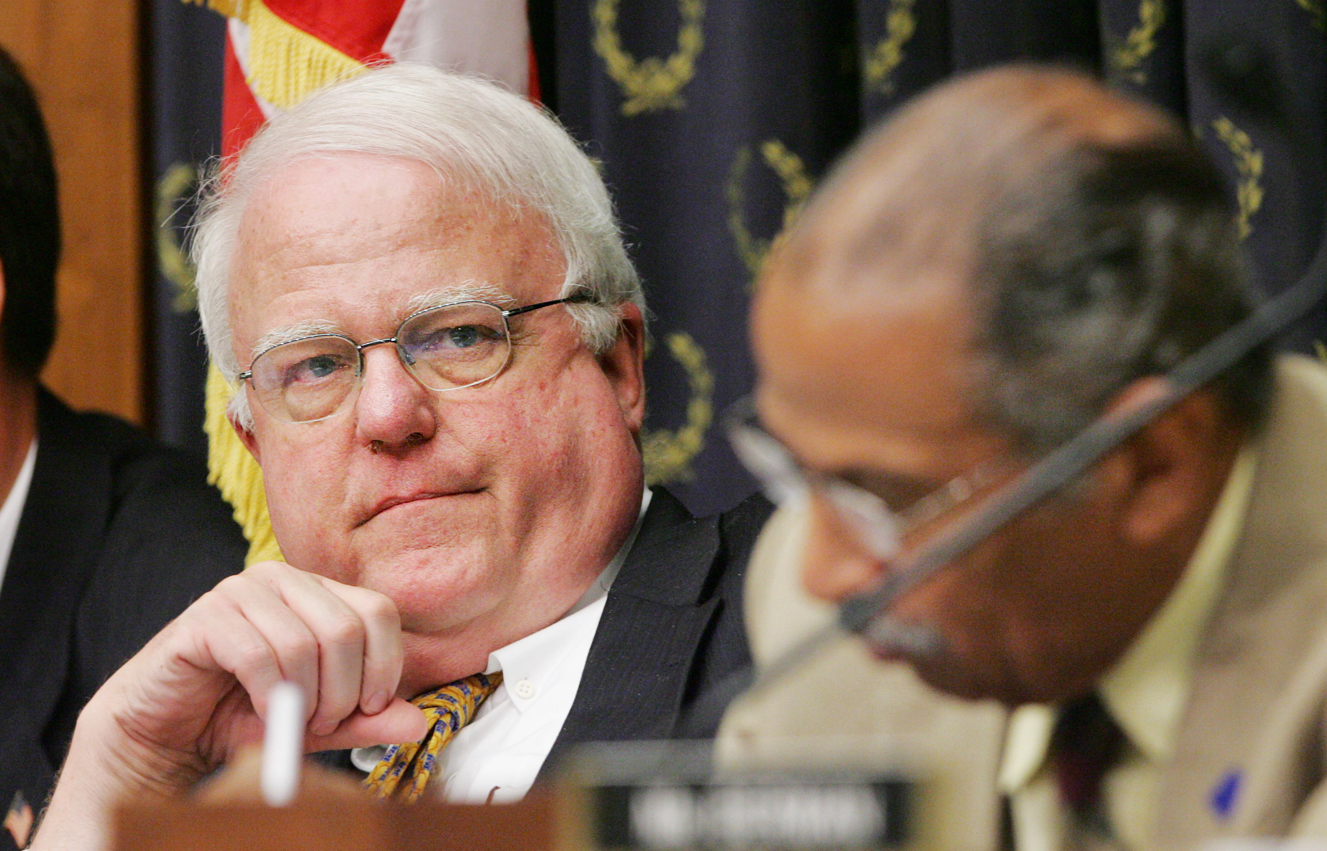 House Judiciary Committee Chairman Rep. James Sensenbrenner Jr., R-Wis., left, and ranking member Rep. John Conyers, D-Mich., participate in a committee markup hearing on Capitol Hill in Washington, Wednesday, Sept. 20, 2006.  (AP Photo/Manuel Balce Ceneta)