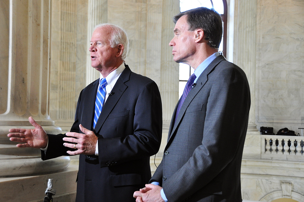 Senators Warner and Chambliss (R-Ga.) film a segment for Parker Spitzer in the Russell Building Rotunda in DC.