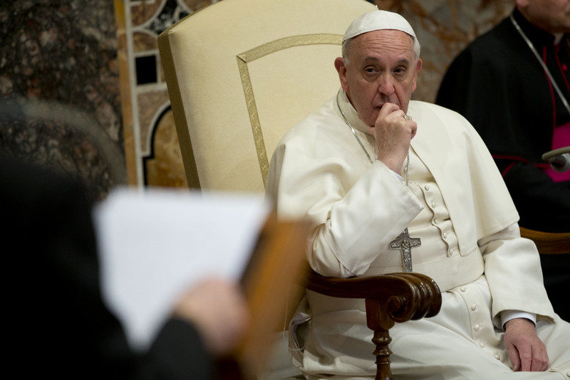 Pope Francis meets ambassadors to the Holy See, at the Vatican, Monday, Jan. 13, 2014. Pope Francis on Monday criticized abortion as evidence of a "throwaway culture" that wastes people as well as food, saying such a mentality is a threat to world peace. (AP Photo/Andrew Medichini, Pool)