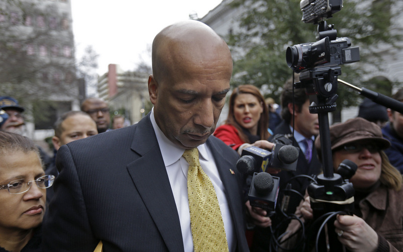 Former New Orleans Mayor Ray Nagin leaves federal court with his wife Seletha, left, after his conviction in New Orleans, Wednesday, Feb. 12, 2014. Nagin was convicted Wednesday on charges that he accepted bribes, free trips and other gratuities from contractors in exchange for helping them secure millions of dollars in city work while he was in office, including right after Hurricane Katrina. The federal jury found Nagin guilty of 20 of 21 counts against him. (AP Photo/Gerald Herbert)