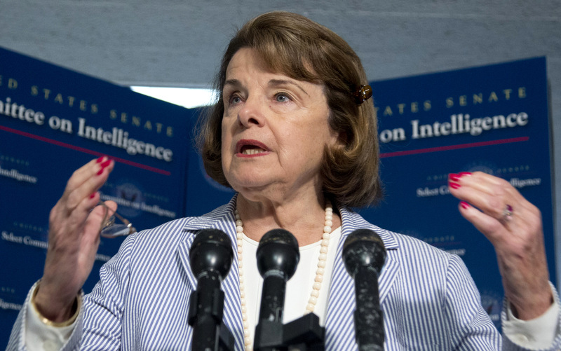 Senate Intelligence Committee Chair Sen. Dianne Feinstein, D-Calif., speaks to reporters on Capitol Hill in Washington. An American citizen who is a member of Al Qaida is actively planning attacks against Americans overseas, U.S. officials say, and the Obama administration is wrestling with whether to kill him with a drone strike and how to do so legally under its new stricter targeting policy issued last year. The CIA drones watching him cannot strike because he’s an American citizen and the Justice Department must build a case against him, a task it has not completed. (AP Photo/Manuel Balce Ceneta, File)