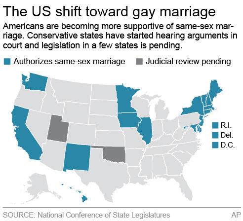 Map shows states with laws allowing same-sex marriage.