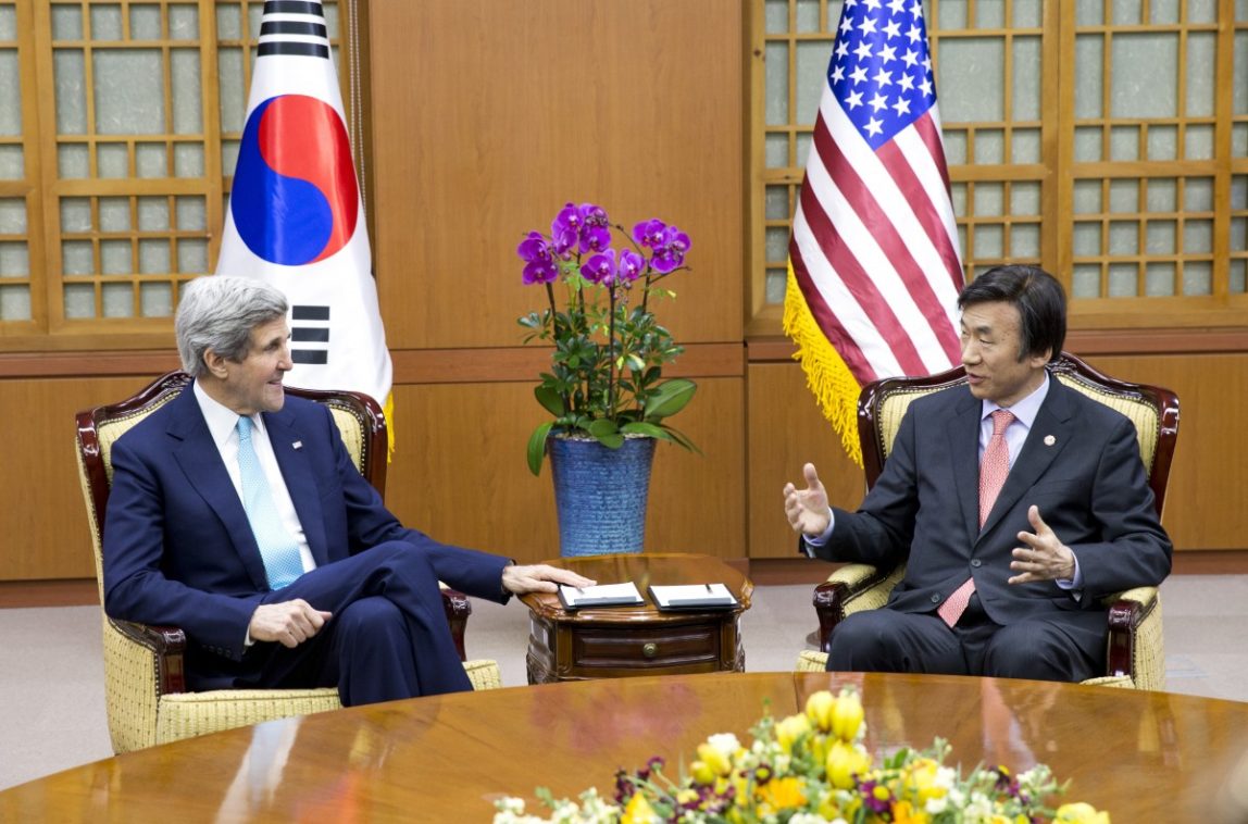 U.S. Secretary of State John Kerry, left, and South Korean Foreign Minister Yun Byung-se, right, speak during their meeting Thursday, Feb. 13, 2014, in Seoul, South Korea. Kerry is visiting South Korea, China, Indonesia, and the United Arab Emirates on a seven-day trip. (AP Photo/ Evan Vucci, Pool)