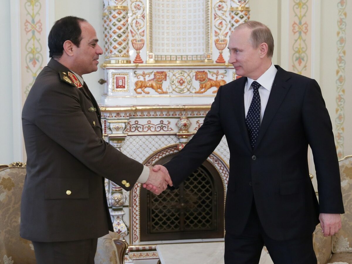 Russian President Vladimir Putin, right, shakes hands with Egypt's Military chief Field Marshal Abdel-Fattah el-Sissi in the Novo-Ogaryovo residence outside Moscow on Thursday, Feb. 13, 2014. Russian President Vladimir Putin on Thursday wished Egypt's military chief victory in the nation's presidential vote as Moscow sought to expand its military and other ties with a key U.S. ally in the Middle East. (AP Photo/RIA Novosti, Mikhail Metzel, Presidential Press Service)