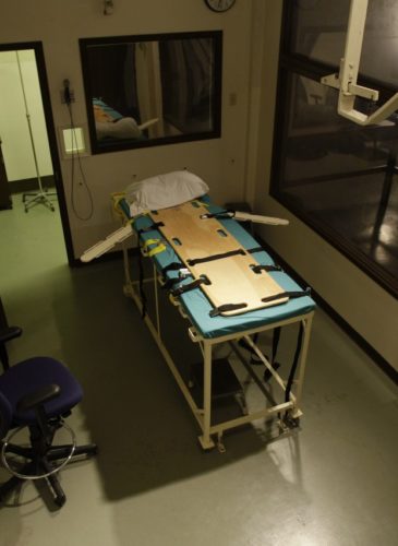 The execution chamber at the Washington State Penitentiary is shown with the witness gallery behind glass at right, in Walla Walla, Wash.