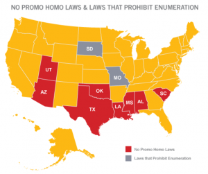 “No promo homo” states are those that prohibit educators from discussing homosexuality in a positive way or, in some cases, at all. (Gay, Lesbian & Straight Education Network)