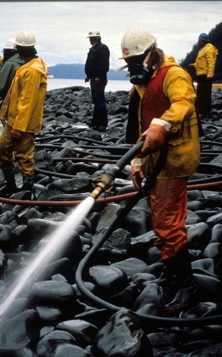 Spill worker with respirator hoses beach during Corexit application test- Quayle Beach, Smith Island (Prince William Sound), September 11, 1989.. 