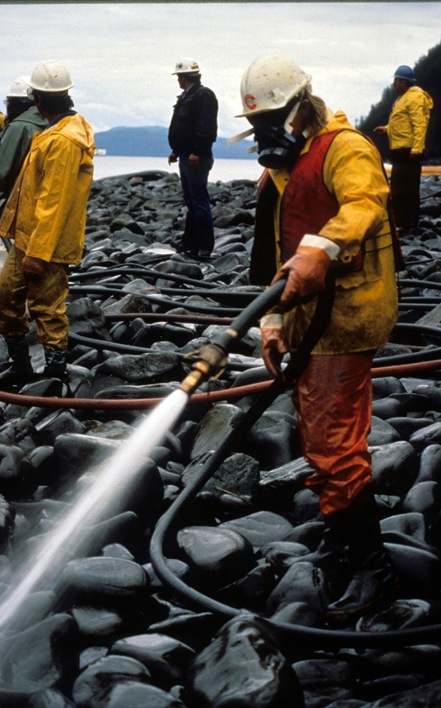 Spill worker with respirator hoses beach during Corexit application test- Quayle Beach, Smith Island (Prince William Sound), September 11, 1989. 