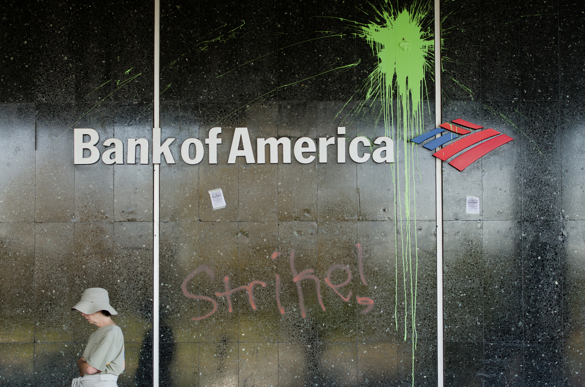 Damage to the front of the Bank of America