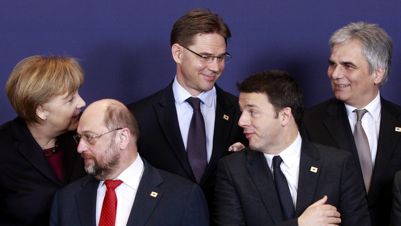 Martin Schultz, Matteo Renzi, Angela Merkel, Jyrki Katainen, Werner Faymann