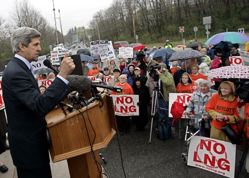 Sen. John Kerry, D-Mass., addresses a rally protesting the proposed LNG, liquified natural gas, facility in Fall River, Mass., Monday, April 24, 2006. (AP Photo/Chitose Suzuki)