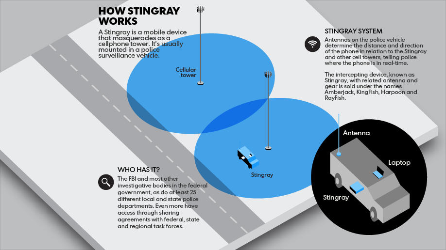 An inforgrapic demonstrating how a Stingray device works via a USA Today investigation