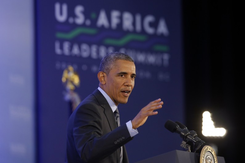 President Barack Obama speaks at a news conference at the end of the U.S. Africa Leaders Summit at the State Department in Washington, Wednesday, Aug. 6, 2014. African heads of state are gathering in Washington for an unprecedented summit to promote business development. (AP Photo/Charles Dharapak)