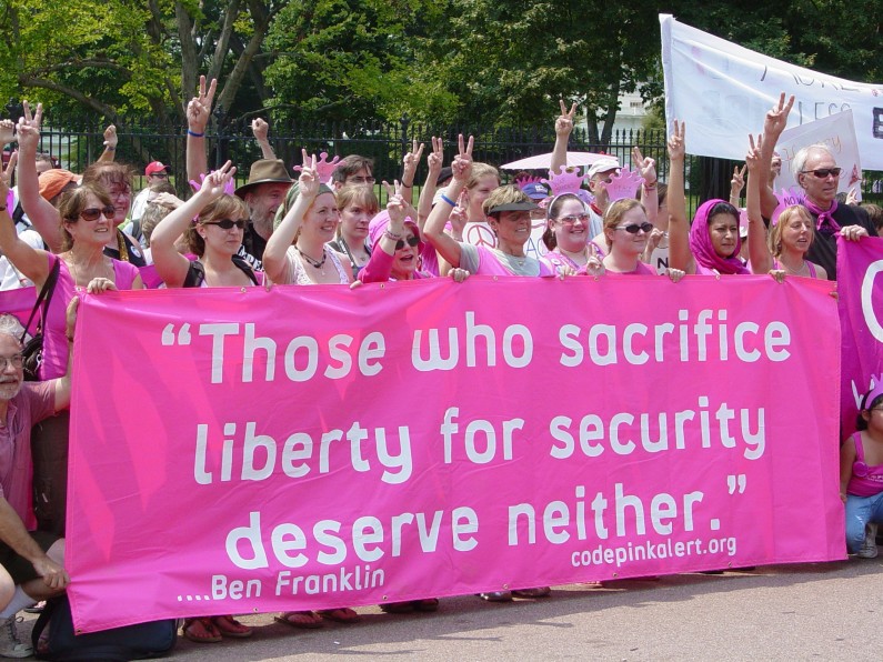 Code Pink activists demonstrate in front of the White House on July 4, 2006. (Photo/Wikimedia Commons).