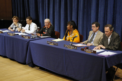 Oren Lyons, (third from left), Faithkeeper of the Turtle Clan of the Onondaga Nation, and member of Grand Council of Chiefs of the Haudenosaunee, addresses a panel discussion on the reconciliation between the indigenous peoples and the states, as part of the activities in observance of the International Day of the World's Indigenous People. Other panellists seated with him at the podium (from left to right): Marcie Mersky, Liaison Officer with the United Nations Department of Political Affairs; Andrew Goledzinowski, Deputy Permanent Representative of Australia to the United Nations; Barbara James Snyder, of the Washoe & Paiute Nations; Gert Rosenthal, Permanent Representative of Guatemala to the United Nations; and Henri Paul Normandin, Deputy Permanent Representative of Canada to the United Nations on August 8, 2008 (Photo/United Nations).