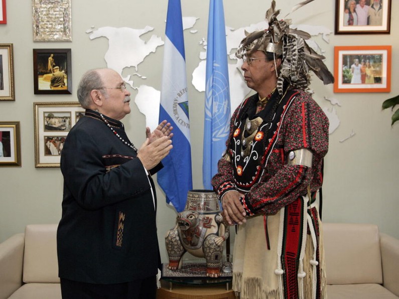 Miguel d'Escoto Brockmann (left), President of the sixty-third session of the General Assembly, meets with Tadodaho Sid Hill,Spiritual leader of the Haudenosaunee, (also known as the "League of Peace and Power", the "Five Nations"; the "Six Nations"; or the "People of the Longhouse") -- a group of First Nations/Native Americans that originally consisted of five nations: the Mohawk, the Oneida, the Onondaga, the Cayuga, and the Seneca.18/May/2009. United Nations, New York. UN Photo/Devra Berkowitz. www.unmultimedia.org/photo/