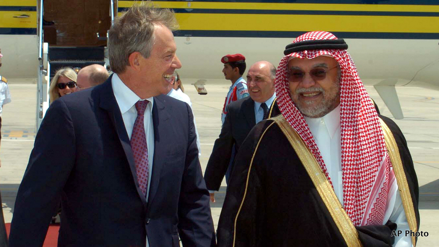 In this photo released by Saudi News Agency, Saudi Prince Bandar bin Sultan, right receives Mideast envoy Tony Blair, the ex-prime minister of Britain after his arrival in Jiddah, Saudi Arabia Monday, Sept. 3, 2007. (AP Photo/Saudi News Agency)