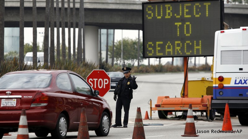 The operate a checkpoint for vehicles entering Los Angeles International Airport in Los Angeles, Saturday, Dec. 26, 2009.