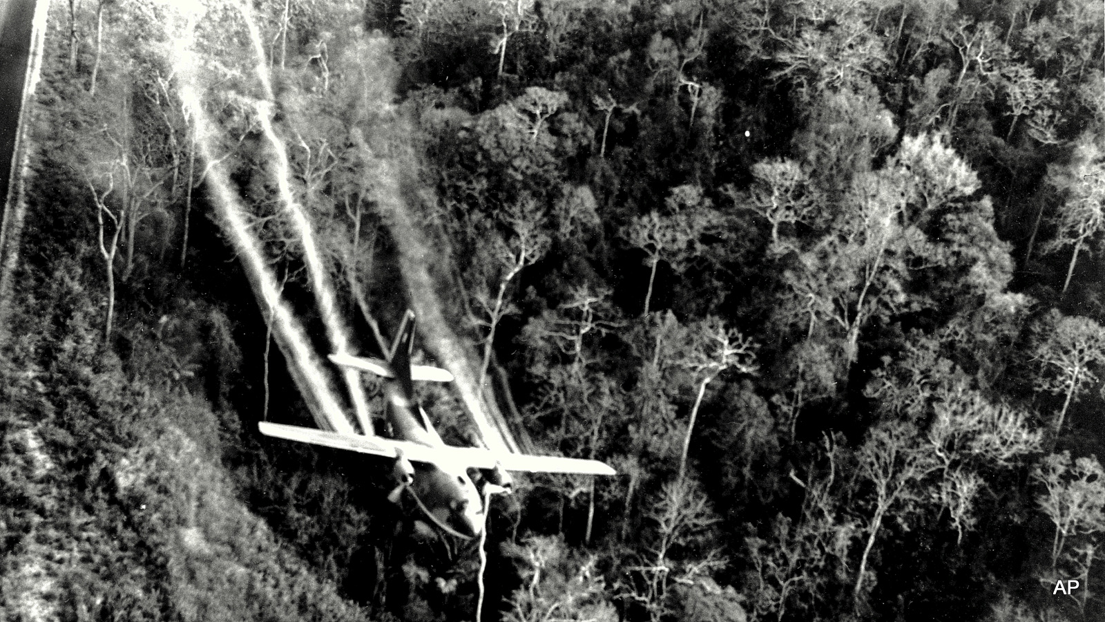 A U.S. Air Force C-123 flies low along a South Vietnamese highway spraying Agent Orange on dense jungle growth beside the road to eliminate ambush sites for the Viet Cong during the Vietnam War. During the Vietnam War, Air Force C-123 planes sprayed millions of gallons of herbicides over the jungles of Southeast Asia to destroy enemy crops and tree cover.