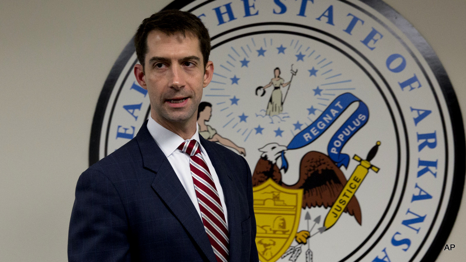 Sen. Tom Cotton, R-Ark. arrives to pose for photographers in his office on Capitol Hill in Washington, Wednesday, March 11, 2015. (AP Photo/Carolyn Kaster)