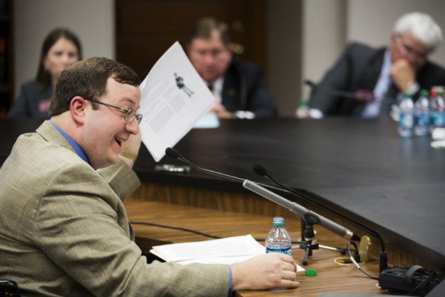 Georgia State Sen. Josh McKoon (R) defends his “religious freedom” bill to a House committee. CREDIT: AP Photo/David Goldman