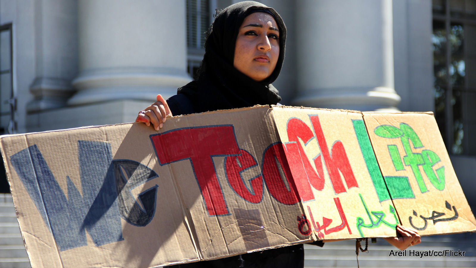 A UC Berkley student protesting Israeli apartheid, Berkley, California. Sept, 2014. 