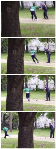 In this combination of still images taken from an April 4, 2015, video provided by attorney L. Chris Stewart, representing the family of Walter Lamer Scott, Scott appears to break away from a confrontation with city patrolman Michael Thomas Slager, right, in North Charleston, S.C. In the video, as Scott runs away, Slager pulls out his handgun and fires at Scott, who drops to the ground after the eighth shot.