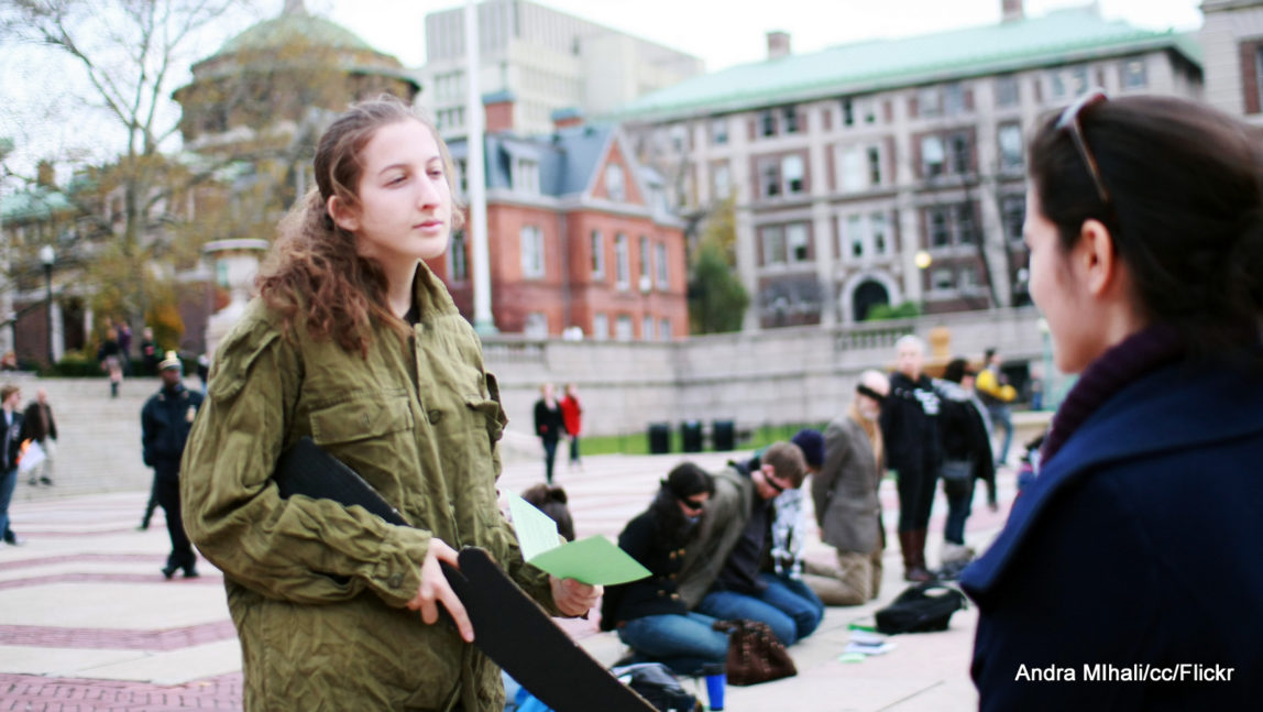 A UC Berkley student protesting Israeli apartheid, Berkley, California. Sept, 2014.