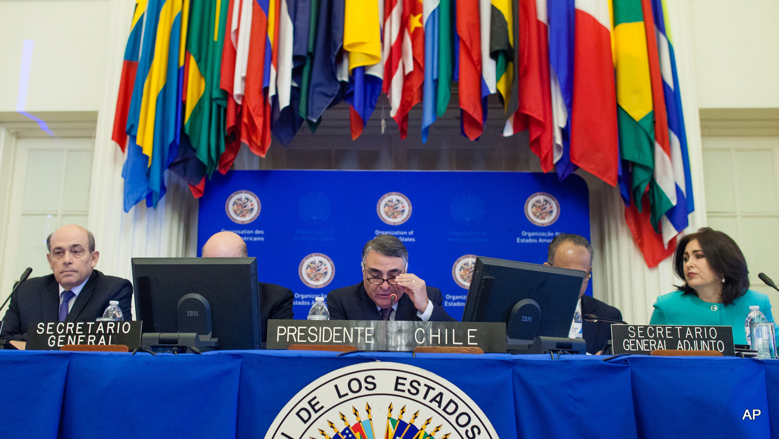 Chilean Vice-Minister of Foreign Affairs Edgardo Riveros speaks at the beginning of The Forty-Ninth Special Session of the General Assembly of the Organization of American States in the Hall of the Americas of the headquarters of the Organization of American States in Washington, Wednesday, March 18, 2015. 