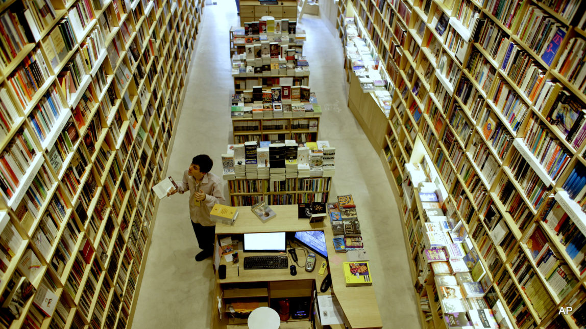 An employee works at a bookstore in Buenos Aires, Argentina