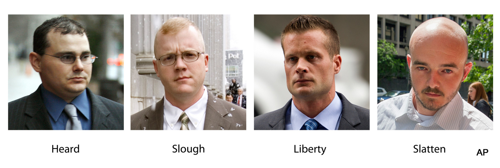 Blackwater guards, from left, Dustin Heard, Paul Slough, Evan Liberty and Nicholas Slatten. A years-long legal fight over a deadly mass shooting of civilians in an Iraq war zone reaches its reckoning point, when four former Blackwater security guards are sentenced for the rampage. Three of the guards, Dustin Heard, Evan Liberty and Paul Slough, face mandatory decades-long sentences because of firearms convictions. A fourth, Nicholas Slatten, faces a penalty of life in prison after being found guilty of first-degree murder. 