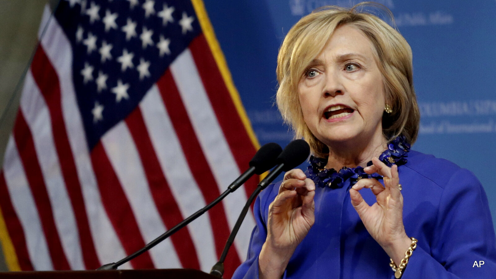 Hillary Rodham Clinton, a 2016 Democratic presidential contender, speaks at the David N. Dinkins Leadership and Public Policy Forum, Wednesday, April 29, 2015 in New York.