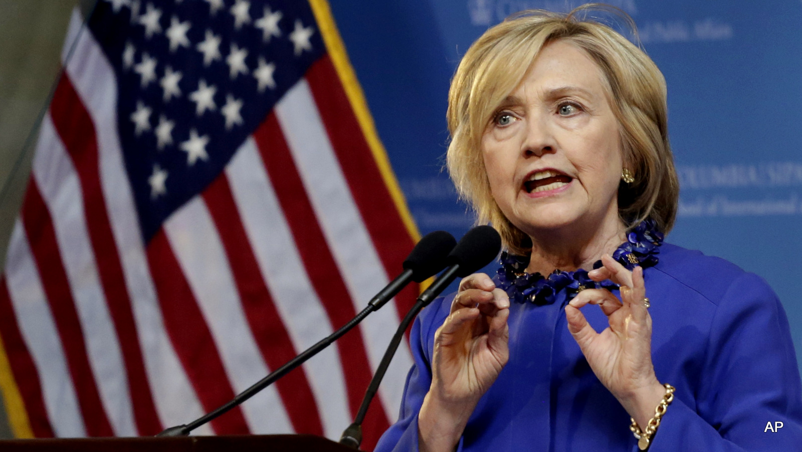 Hillary Rodham Clinton, a 2016 Democratic presidential contender, speaks at the David N. Dinkins Leadership and Public Policy Forum, Wednesday, April 29, 2015 in New York. 