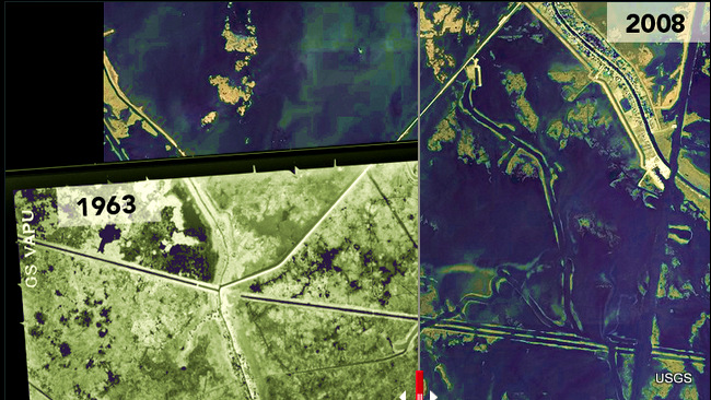  handle  1 of 7  Photo: USGS 1963 Isle de Jean Charles 1963 Isle de Jean Charles 1978 Isle de Jean Charles1993 Isle de Jean Charles1998 Isle de Jean Charles2008 Isle de Jean Charles2010 Isle de Jean Charles      Next  1963 and 2008 Isle de Jean Charles, an island in the Terrebonne Basin of Louisiana has been home to several Native American tribes since the 1800s. The island was 11 miles long and 5 miles wide in the 1950s, a stretch of land that older residents remember well. But the strip of land has been shrinking rapidly since then. Today the island is only a quarter of a mile across, and less than two miles long. These artificially-colored aerial photos from the USGS document how the island has slipped away as the rising ocean and human development sink the marshes. 