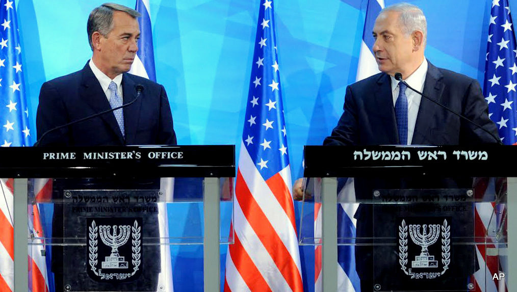 Speaker of the United States House of Representatives John Boehner, left, and Israel's Prime Minister Benjamin Netanyahu, right, make statements during a press conference at the prime minister's office in Jerusalem, Wednesday, April 1, 2015.