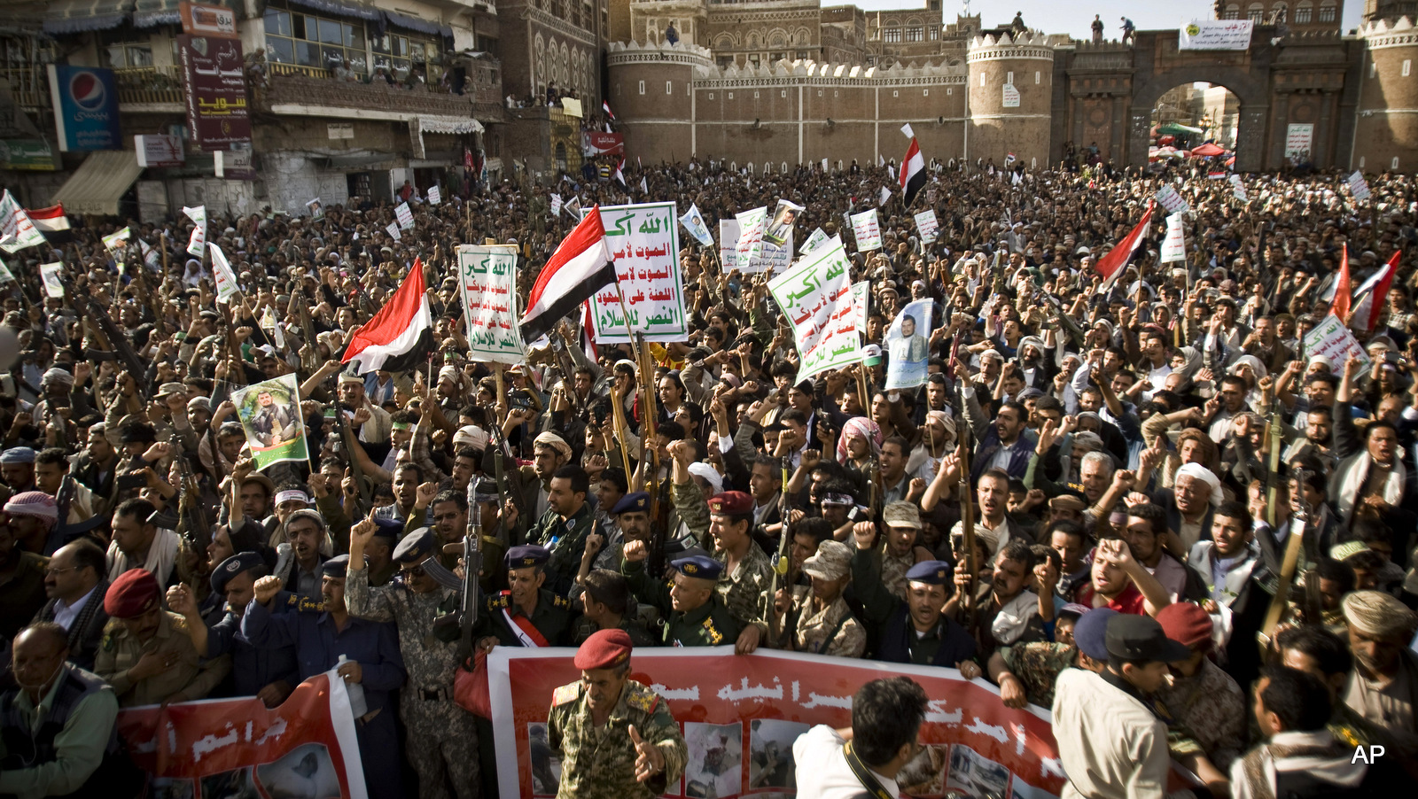 Houthis protest against Saudi-led airstrikes, during a rally in Sanaa, Yemen, Wednesday, April 1, 2015.