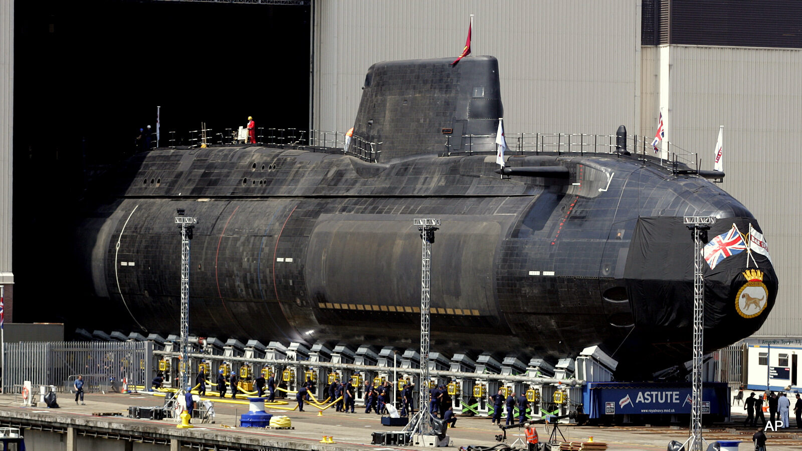 The first Astute class nuclear submarine is rolled out at the BAE Systems production plant in Barrow-in-Furness, Cumbria, England, Friday June 8, 2007.