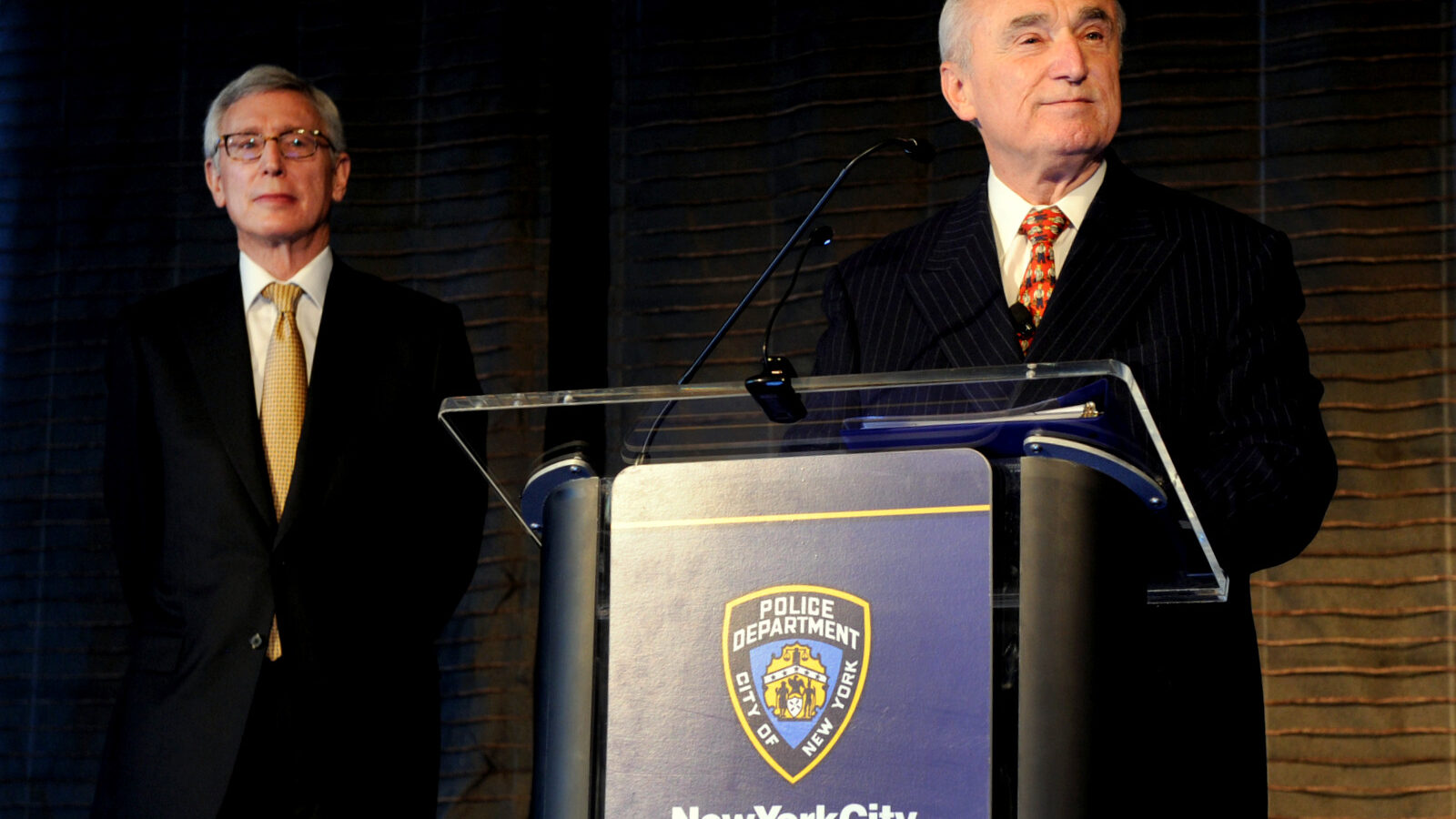 New York City Police Commissioner William J. Bratton, right, joined by H. Dale Hemmerdinger, Chairman of the Board, New York City Police Foundation, speaks at the Foundation's State of the NYPD breakfast in New York, Thursday, Jan. 29, 2015.