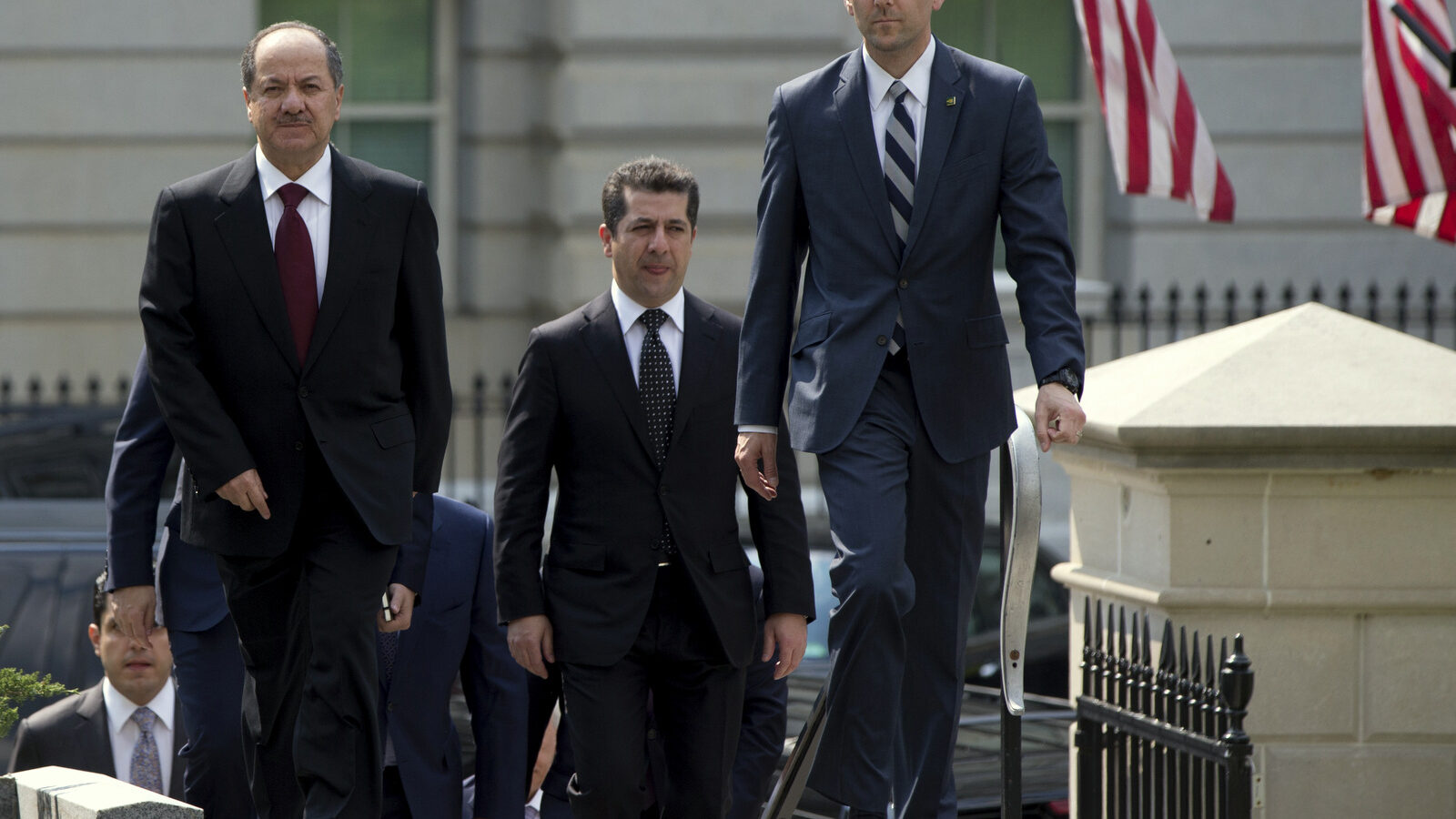 Iraqi Kurdistan Regional President Masoud Barzani, left, walks to West Wing of the White House in Washington, Tuesday, May 5, 2015, where he is scheduled to meet with Vice President Joe Biden.