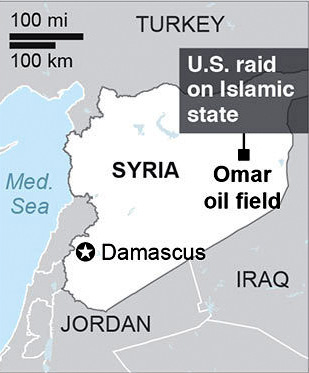 Map locates Omar oil field, where U.S. commandos mounted a raid; 1c x 2 inches; 46.5 mm x 50 mm;