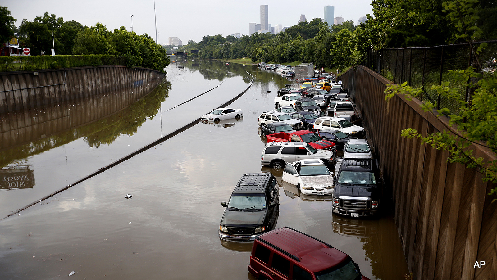 Motorists are  stranded along I-45 along North Main  in Houston after storms flooded the area, Tuesday, May 26, 2015. Overnight heavy rains caused flooding closing some portions of major highways in the Houston area.