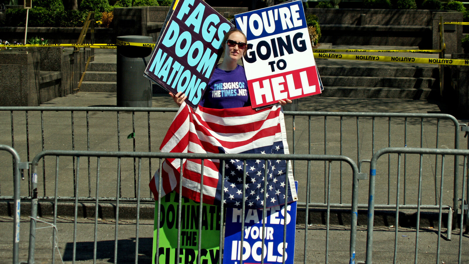 A member of the Westboro Baptist Church protesting outside the United Nations in New York City (2008).