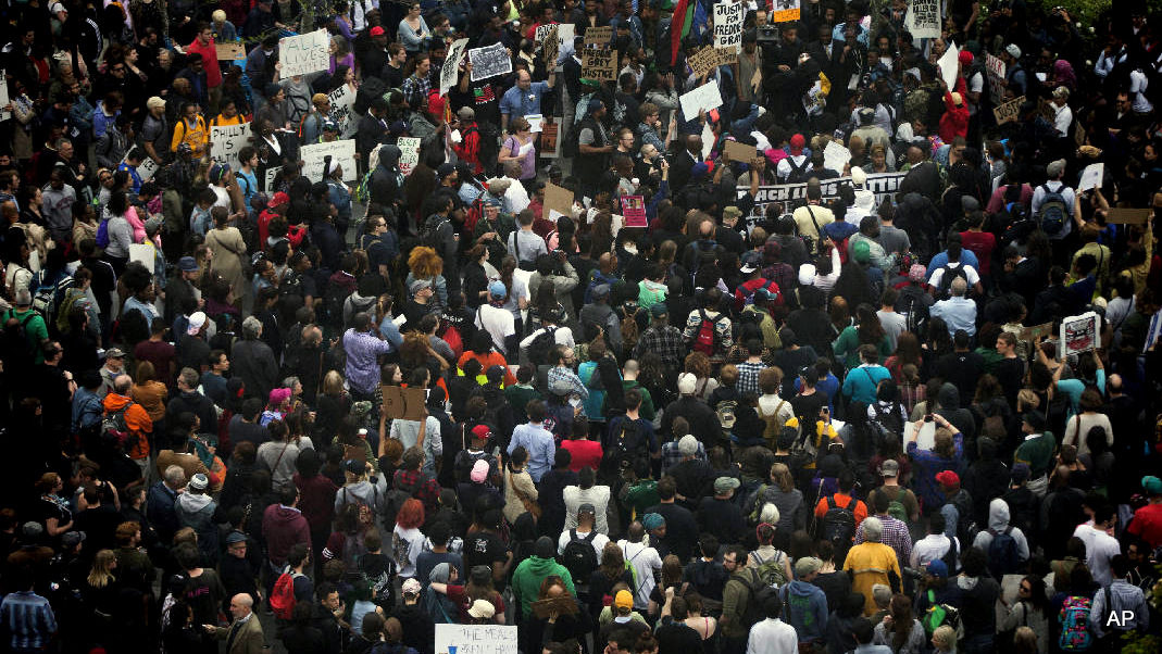 Protesters demonstrate outside City Hall in Philadelphia on Thursday, April 30, 2015. The event in Philadelphia follows days of unrest in Baltimore amid Freddie Gray's police-custody death. Photo by Associated Press/Times Free Press.