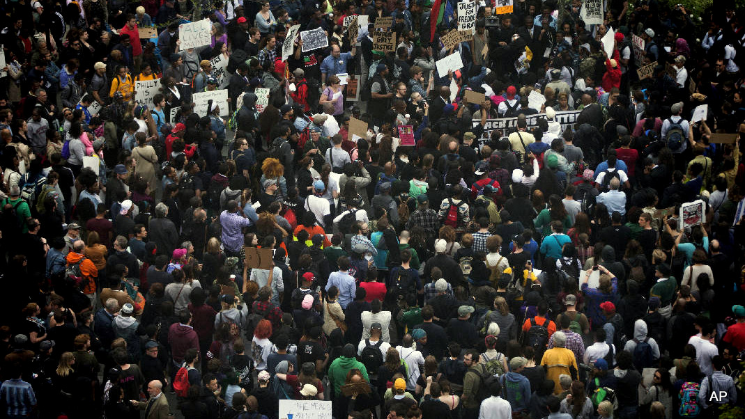 Protesters demonstrate outside City Hall in Philadelphia on Thursday, April 30, 2015. The event in Philadelphia follows days of unrest in Baltimore amid Freddie Gray's police-custody death. Photo by Associated Press/Times Free Press.