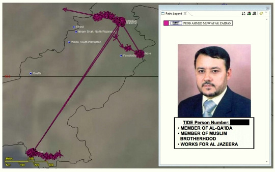A slide dated June 2012 from a National Security Agency PowerPoint presentation bears Ahmad Muaffaq Zaidan’s photo, name, and a terror watch list identification number, and labels him a “member of Al-Qa’ida” as well as the Muslim Brotherhood. It also notes that he “works for Al Jazeera.” Courtesy of the Intercept
