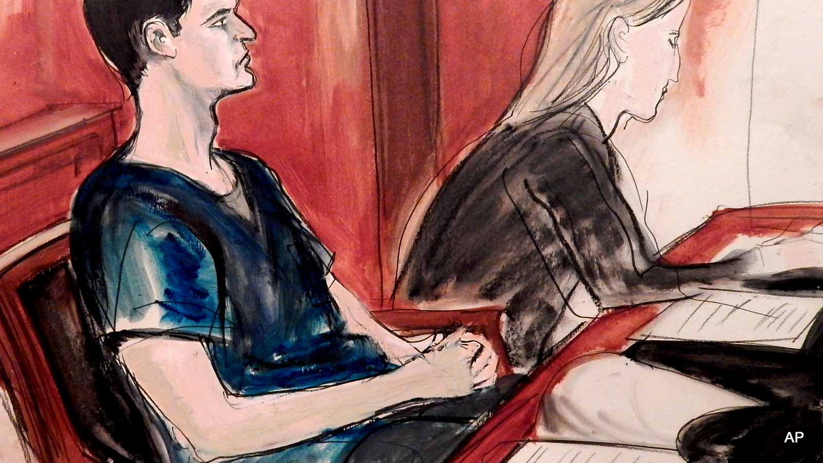 In this courtroom sketch, Ross William Ulbricht is seated in court and awaits sentencing