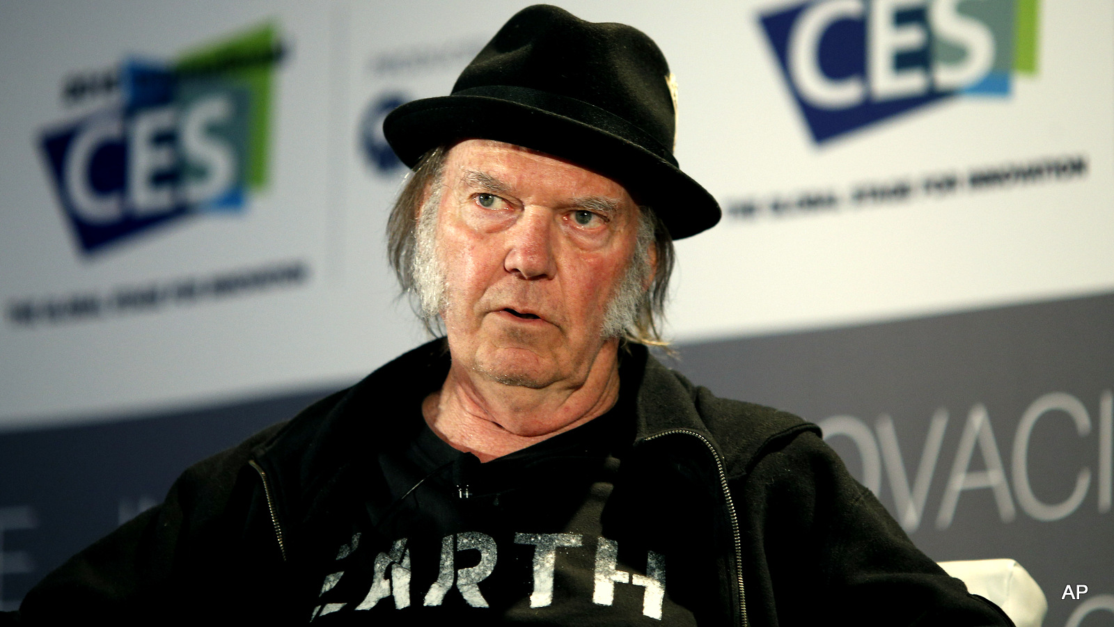 Musician Neil Young speaks during a session at the International CES Wednesday, Jan. 7, 2015, in Las Vegas. 