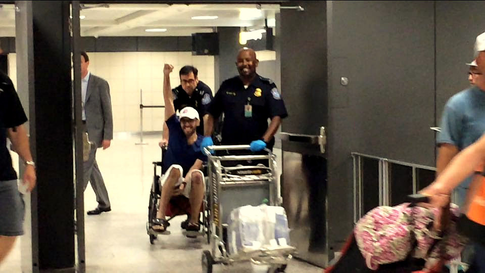 Egyptian-American Mohamed Soltan arriving in Dulles Airport on the day of his release, 30 May 2015