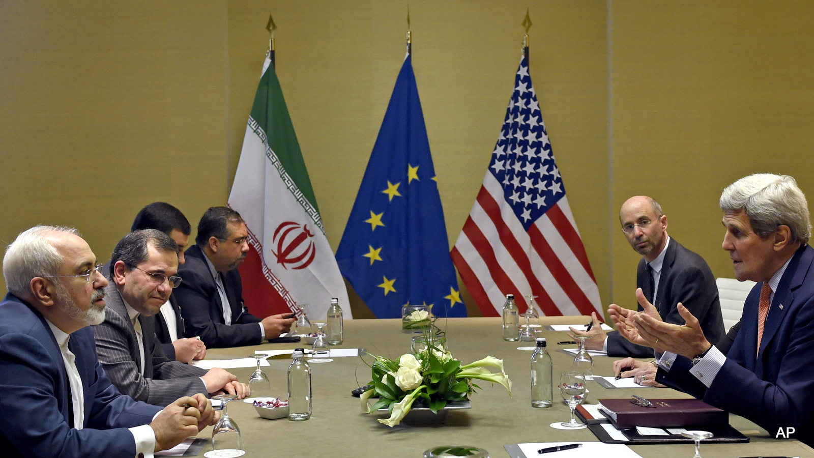 U.S. Secretary of State John Kerry, right, during official talks with Iranian Foreign Minister Mohammad Javad Zarif, left, in Geneva, Switzerland, Saturday, May 30, 2015.