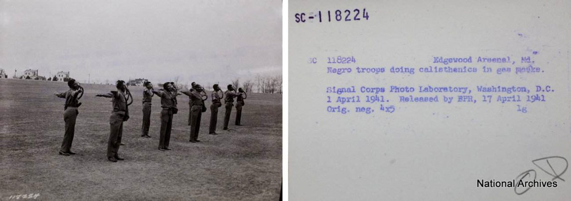 Segregated troops practice movement in protective gear at Edgewood Arsenal in Maryland in the early 1940s.